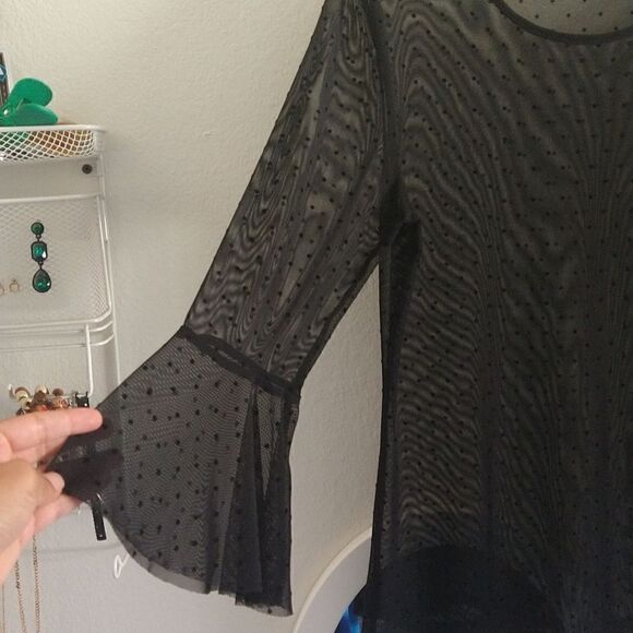 Soprano Dot Mesh Top with Bell Sleeves Black size Small - Picture 2 of 5